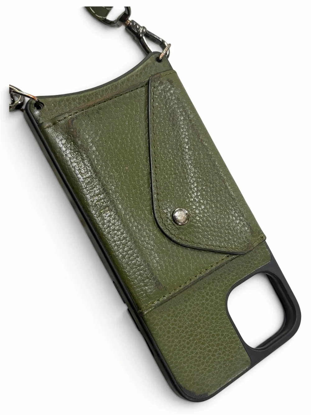 Bandolier IPhone 13 Casey side slot Army Green Pebbled Leather Case PreLoved